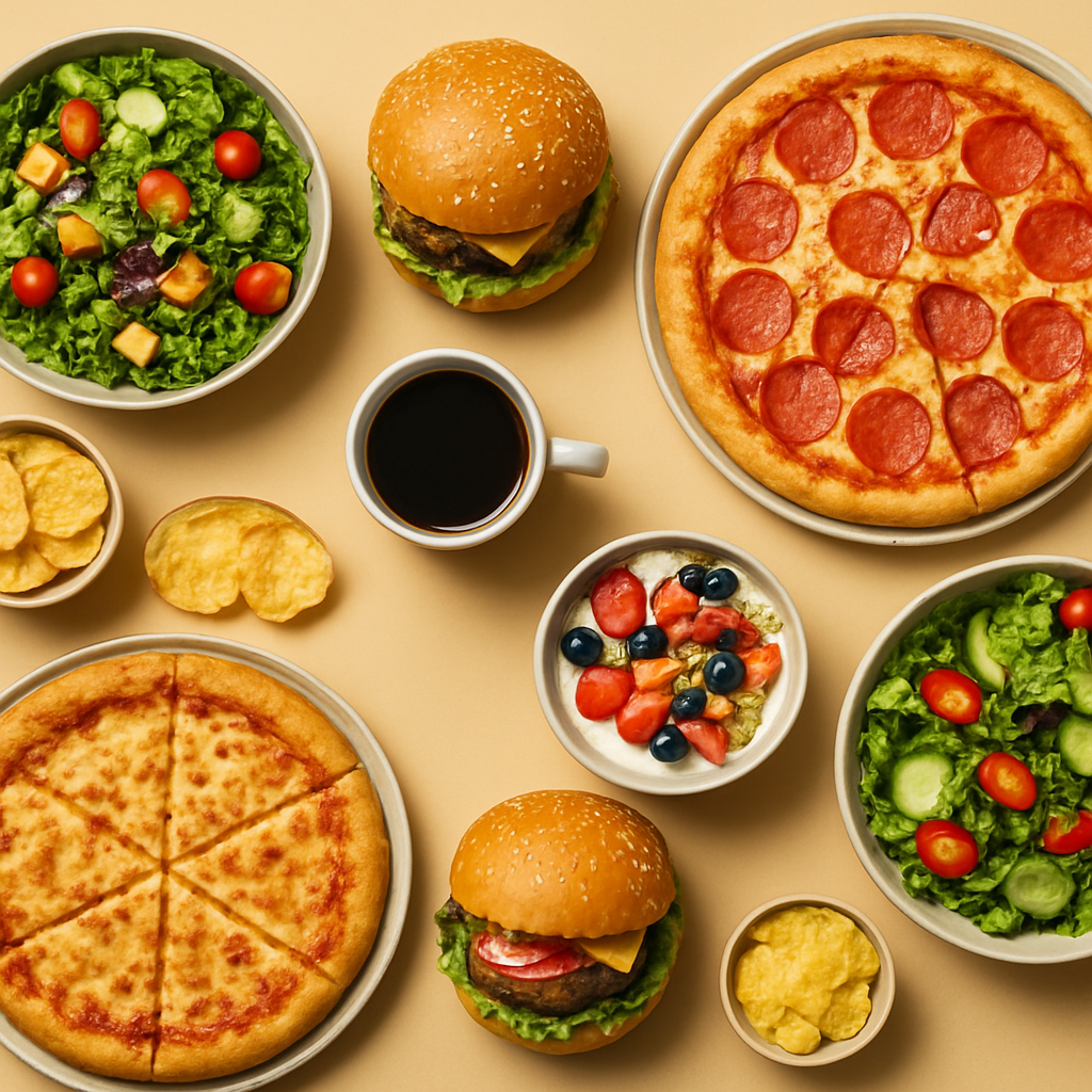 A spread of delicious campus food including pizza, burgers and bowls
